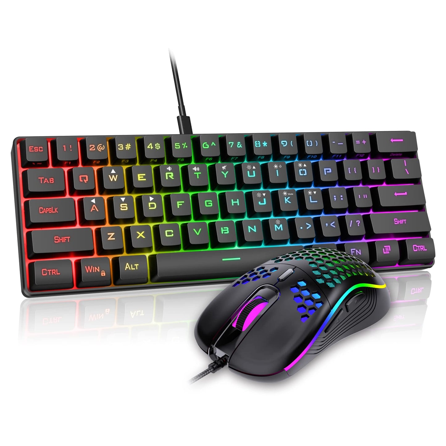 RedThunder 60% Gaming Keyboard and Mouse Combo, Ultra-Compact 61-Key RGB Backlit Mini Keyboard, Lightweight 7200 DPI Honeycomb Optical Mouse, RGB Wired Gaming Set for PC PS5 Xbox Gamer(Black-White)