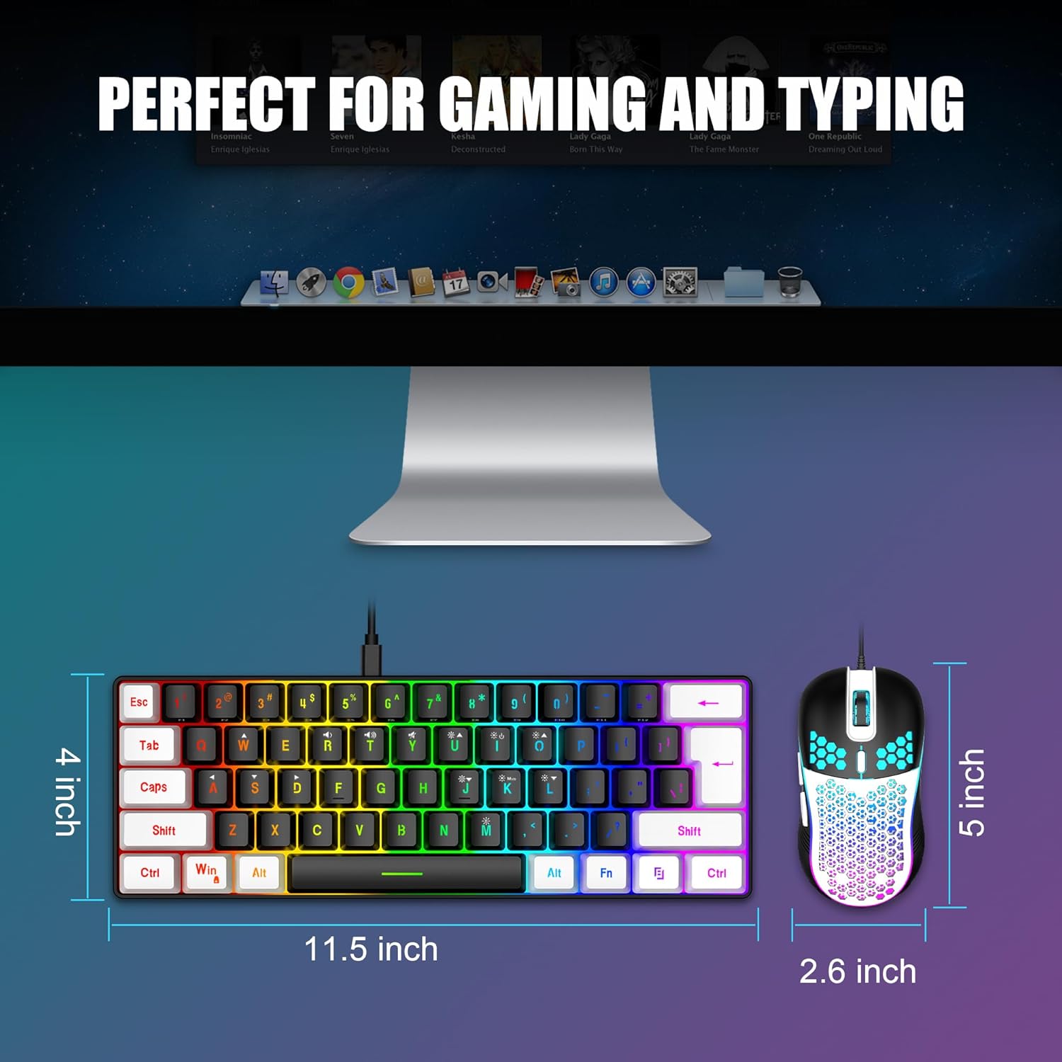 RedThunder 60% Gaming Keyboard and Mouse Combo, Ultra-Compact 61-Key RGB Backlit Mini Keyboard, Lightweight 7200 DPI Honeycomb Optical Mouse, RGB Wired Gaming Set for PC PS5 Xbox Gamer(Black-White)