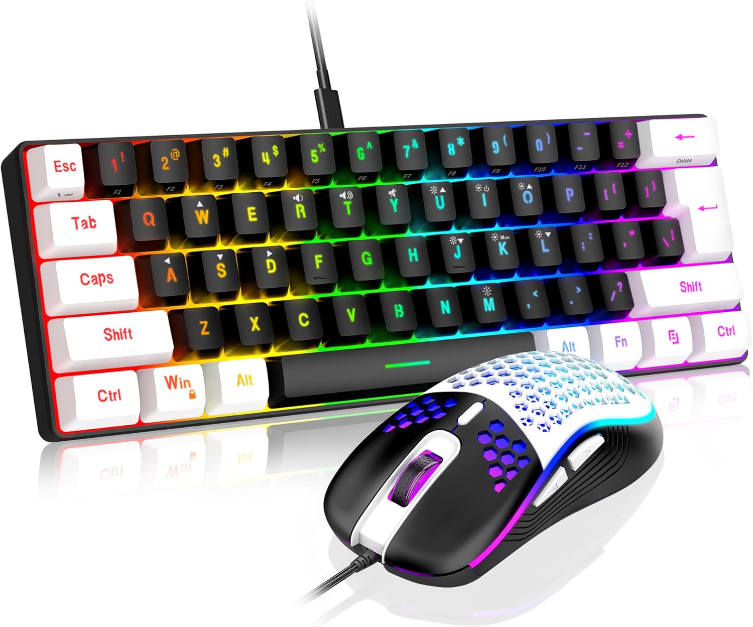 RedThunder 60% Gaming Keyboard and Mouse Combo, Ultra-Compact 61-Key RGB Backlit Mini Keyboard, Lightweight 7200 DPI Honeycomb Optical Mouse, RGB Wired Gaming Set for PC PS5 Xbox Gamer(Black-White)