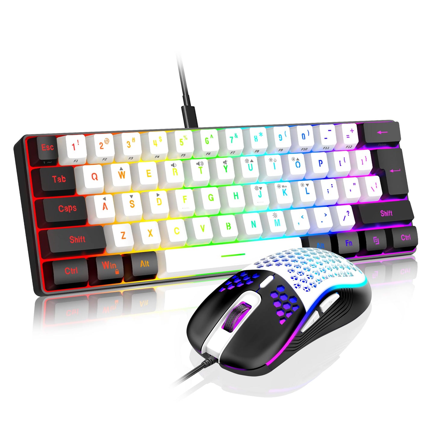 RedThunder 60% Gaming Keyboard and Mouse Combo, Ultra-Compact 61-Key RGB Backlit Mini Keyboard, Lightweight 7200 DPI Honeycomb Optical Mouse, RGB Wired Gaming Set for PC PS5 Xbox Gamer(Black-White)